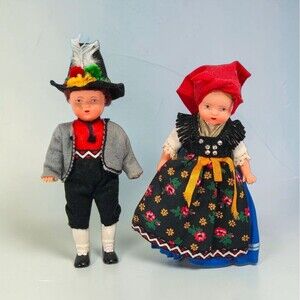 German Costume Doll Pair Boy Girl Celluloid Folk Dress Vintage Souvenir Display